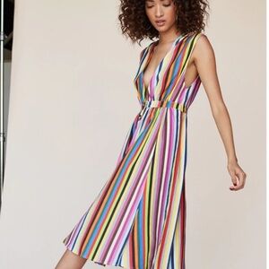 LPA by Revolve Shirred rainbow striped shirt dress button up skirt XXS